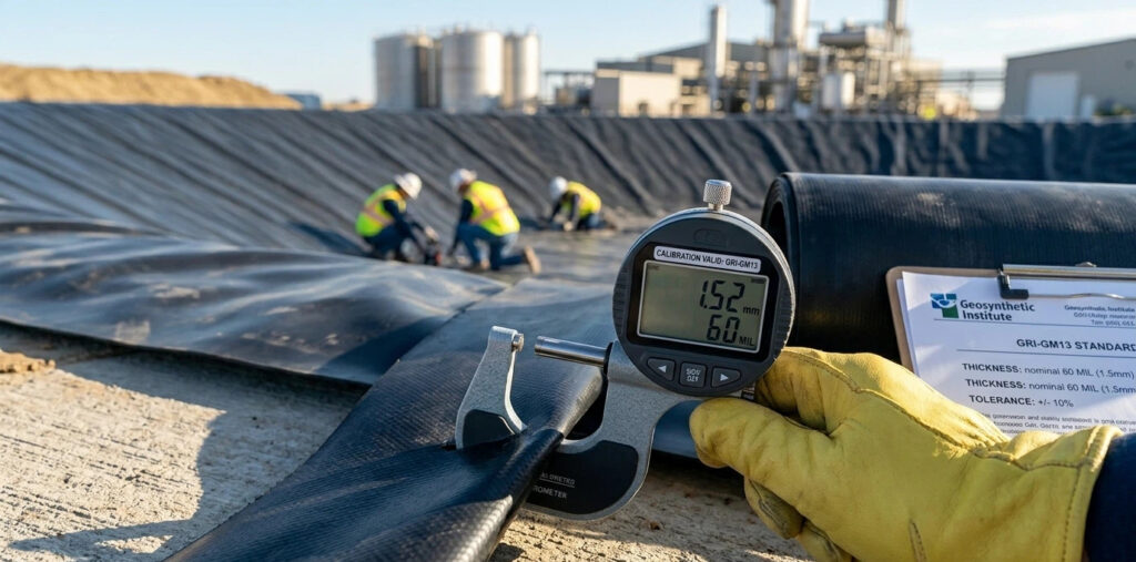 Um micrômetro digital de alta precisão medindo uma espessura de geomembrana HDPE de 1,52 mm (60 mil) em um local industrial, demonstrando a conversão entre unidades métricas e imperiais.