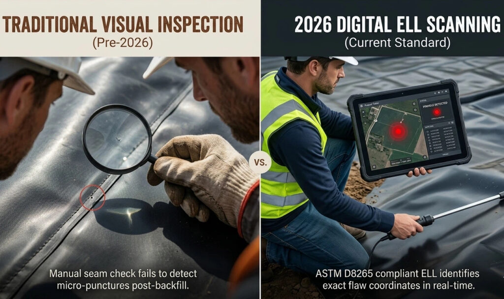 Infográfico de comparação mostrando inspeção manual tradicional de costura versus varredura ELL digital 2026 para QA/QC de geomembrana. O lado esquerdo mostra furos perdidos; o lado direito mostra detecção de vazamento compatível com ASTM D8265.