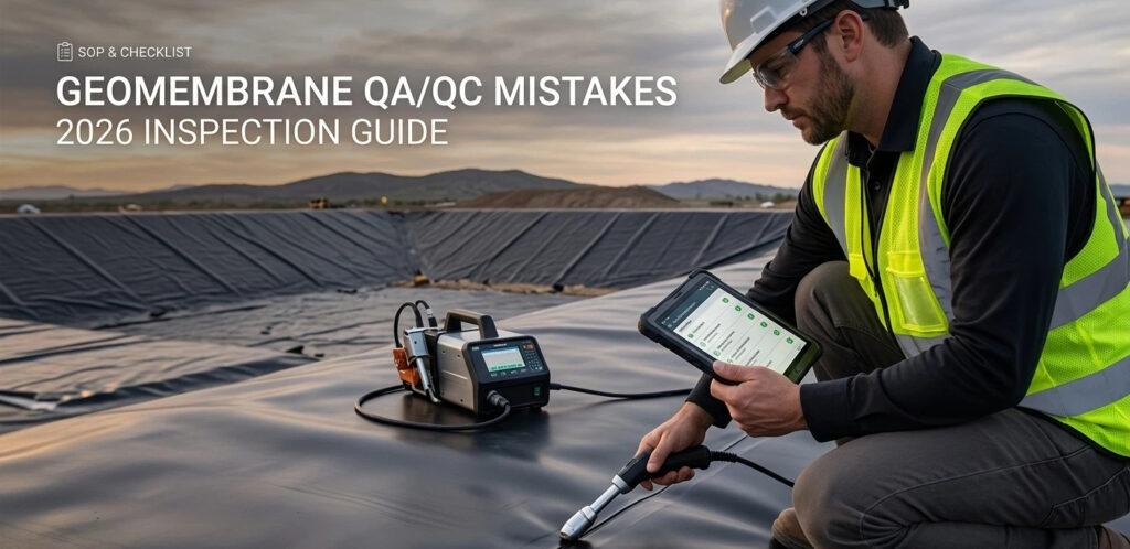 Um gerente de projeto usando um tablet para registro digital e inspeção de controle de qualidade/CQ de geomembrana em um canteiro de obras A imagem destaca a prevenção comum de erros de controle de qualidade/CQ por meio de ferramentas modernas de monitoramento.