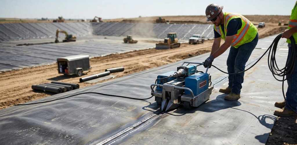 Uma fotografia fotorrealista capturando um enorme canteiro de obras de contenção ambiental em um dia ensolarado Um técnico habilidoso em equipamentos de segurança completos está guiando um soldador de cunha quente Leister ao longo da sobreposição de duas folhas de geomembrana HDPE A costura fresca de pista dupla com seu canal de teste de ar exposto é claramente visível atrás da máquina O fundo mostra equipamentos de construção pesada, operações de laminação e a vasta escala do horizonte da lagoa de revestimento preto sob luz solar natural.