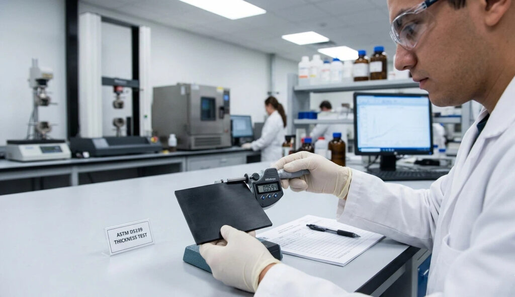 Técnico de laboratório realizando um teste de espessura de precisão em uma amostra de geomembrana de HDPE usando um micrômetro digital de acordo com os padrões ASTM D5199.