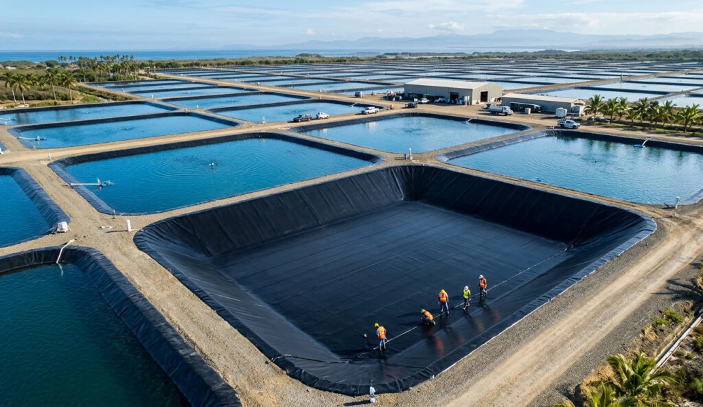 Vista aérea de uma piscicultura comercial mostrando a instalação profissional de um forro de lago de peixes HDPE preto liso para evitar infiltração.