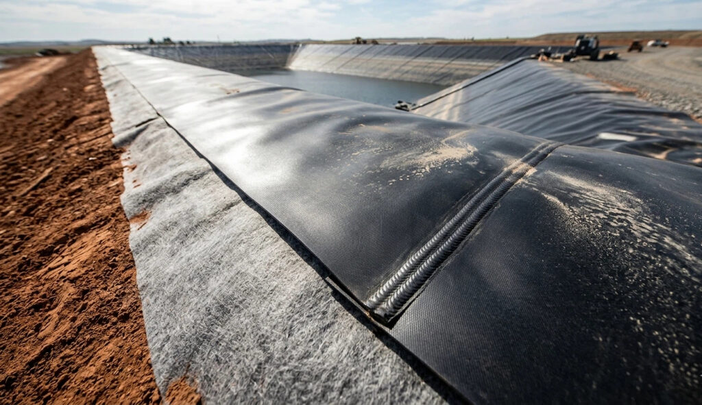 Instalação profissional de um revestimento de geomembrana sustentável em um lago de águas residuais industriais para maximizar a vida útil.
