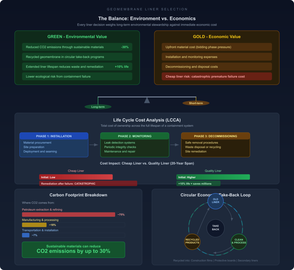 Infográfico mostrando compensações de seleção de revestimento geomembrana entre valor ambiental e econômico, análise de custo do ciclo de vida nas fases de monitoramento e descomissionamento da instalação, quebra da pegada de carbono e ciclo de reciclagem de devolução da economia circular