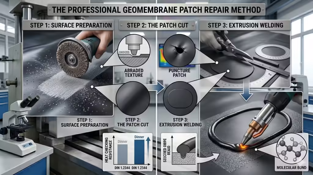 Guia de reparo de geomembrana profissional mostrando 3 etapas: retificação de superfície, corte de remendo arredondado e soldagem por extrusão em HDPE.