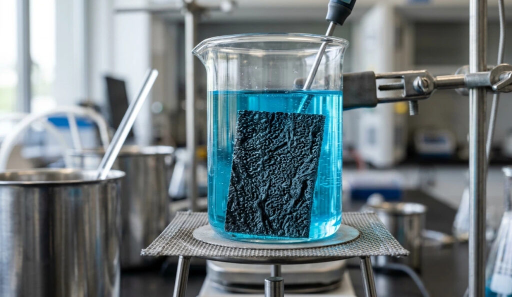 Um teste de imersão em laboratório profissional de uma amostra de geomembrana de HDPE em uma solução química azul para verificar a compatibilidade e resistência química.