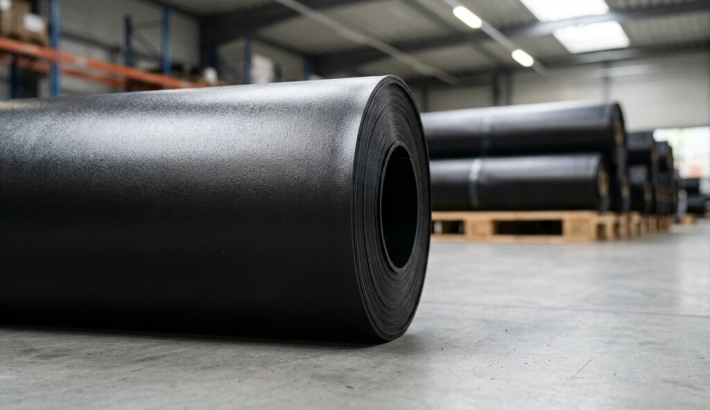 Uma fotografia em close-up de um rolo de geomembrana HDPE preto de alta qualidade, mostrando sua espessura consistente e textura de superfície lisa, indicando qualidade de resina virgem 1001TP3 T para projetos de contenção.