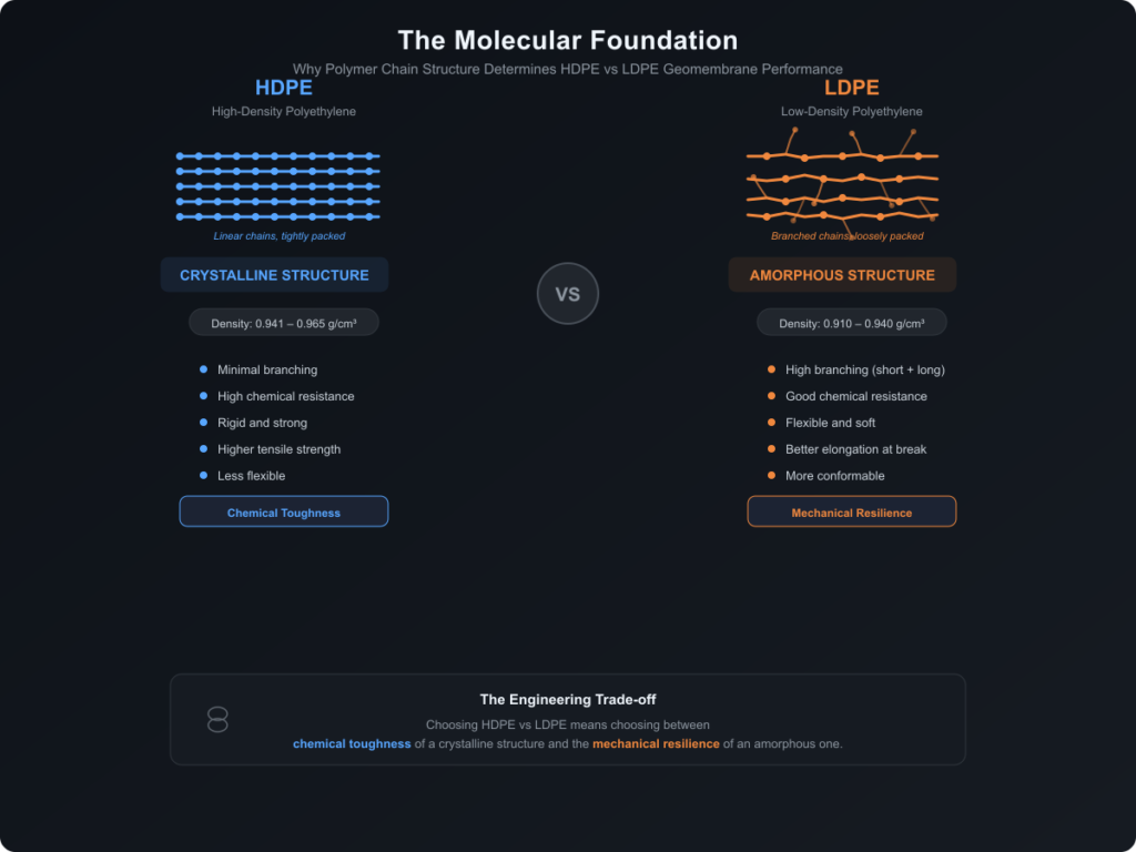 Infográfico de comparação lado a lado de estruturas de cadeias poliméricas de HDPE vs LDPE: O HDPE mostra cadeias cristalinas retas e compactadas, enquanto o LDPE mostra cadeias amorfas ramificadas e fracamente compactadas, com propriedades-chave e faixas de densidade listadas para cada uma