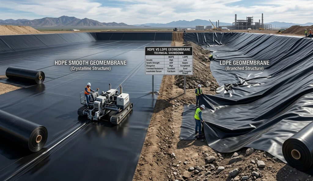 Uma fotografia hiper-realista em close-up de um importante local de engenharia ambiental, capturando as texturas distintas e os comportamentos físicos dos revestimentos de geomembrana HDPE vs LDPE durante a instalação de um projeto de contenção.