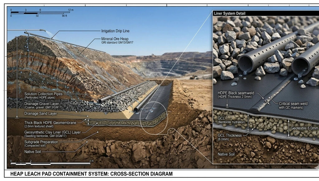 Seção transversal de engenharia detalhada de um sistema de contenção de almofada de lixiviação de pilha mostrando geomembrana de HDPE, camada de GCL, tubos de coleta de solução e pilha de minério mineral.