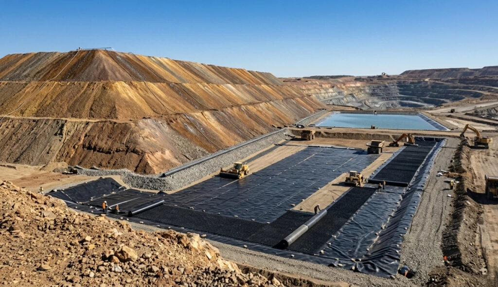 Fotografia industrial grande angular de um enorme canteiro de obras de lixiviação, mostrando técnicos instalando geomembrana HDPE de textura preta para controle de infiltração de mineração de ouro
