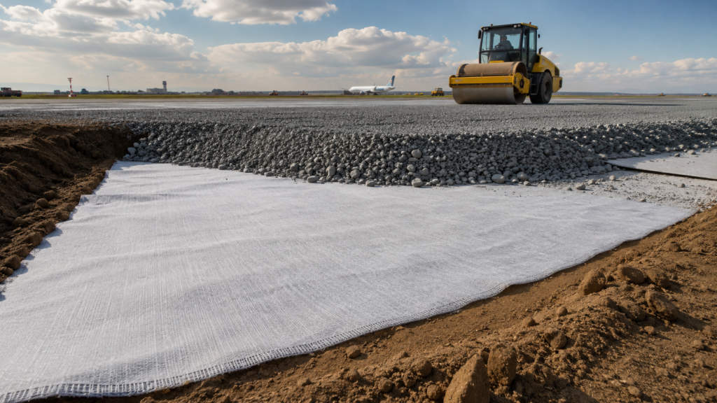 Continuous Filament Geotextile installed under aggregate base for airport runway foundation construction