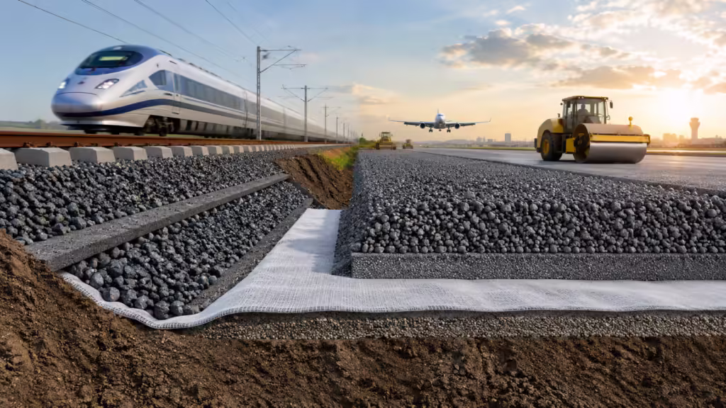 Geotêxtil de filamento contínuo usado em infraestrutura ferroviária e de fundação aeroportuária