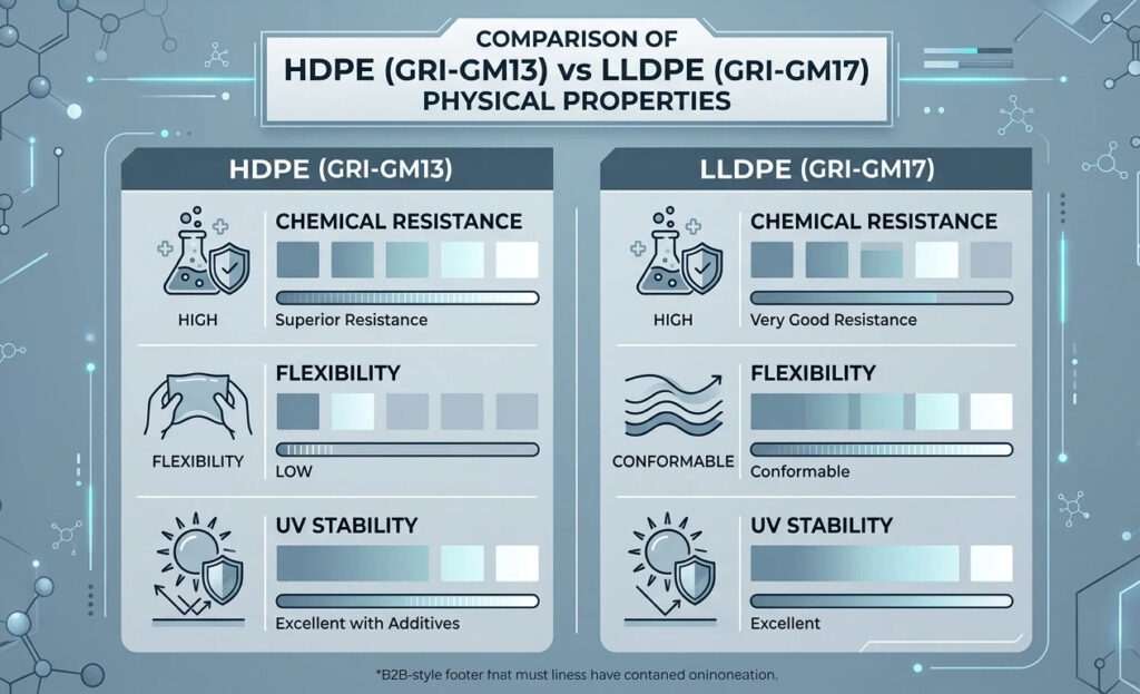 Gráfico de comparação de GRI-GM13 (HDPE) e GRI-GM17 (LLDPE) mostrando diferenças na resistência química, flexibilidade e estabilidade UV para seleção de geomembranas.