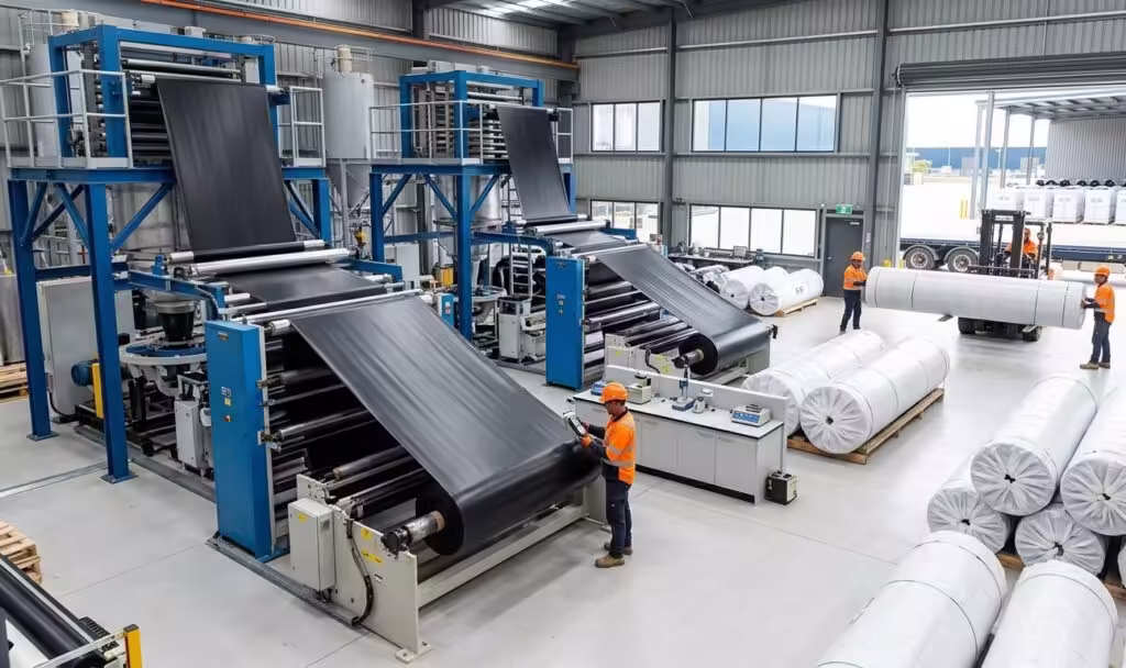 Vista interior de uma instalação profissional do fabricante de geomembranas mostrando linhas de extrusão de alta capacidade, estação de testes de controle de qualidade no local e rolos de revestimento de HDPE bem embrulhados para logística de compra em massa.