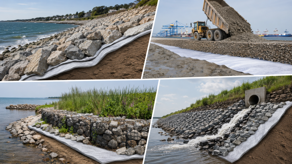 Geotextile fabric applications in coastal projects including riprap revetments, port embankments, shoreline restoration, and drainage outlets