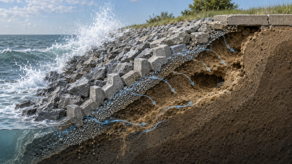 Geotextile fabric helps prevent soil loss behind riprap shoreline protection