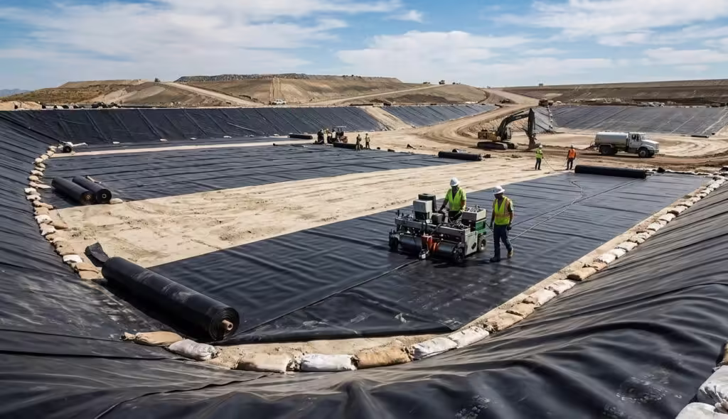 Vista aérea de um local de contenção ambiental em larga escala mostrando a instalação de revestimentos de HDPE que atendem ao Padrão GRI-GM13 para aplicações em aterros sanitários e mineração.