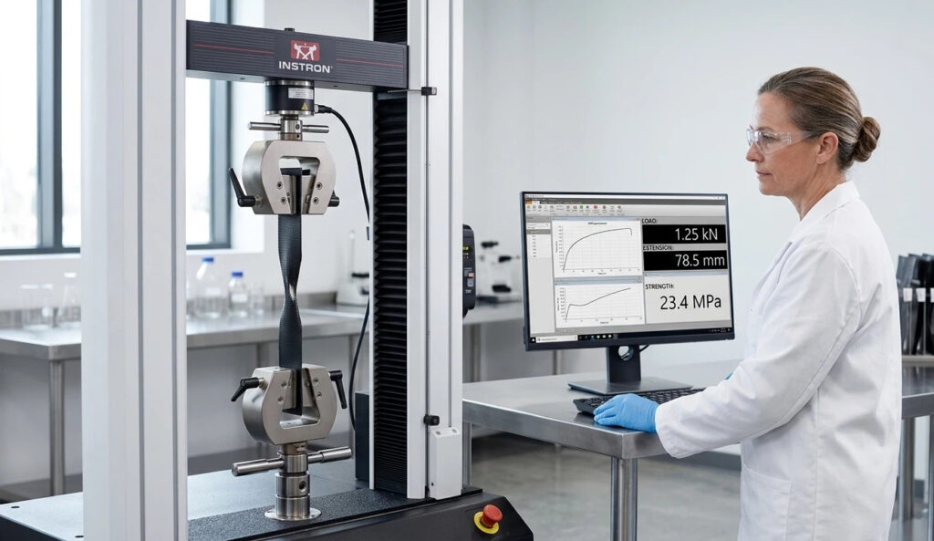 Técnico de laboratório realizando um teste de resistência à tração em uma geomembrana HDPE para verificar a conformidade com o Padrão GRI-GM13 para licitação internacional.