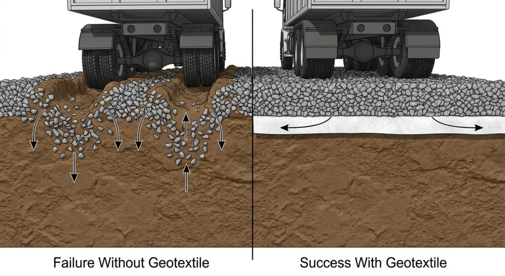 Um diagrama técnico de engenharia de seção transversal 3 D de um projeto de estabilização do leito da estrada O lado esquerdo rotulado Falha Sem Geotêxtil mostra rodas de caminhões pesados causando sulcos profundos e bombeamento de lama O lado direito rotulado Sucesso Com Geotêxtil mostra uma camada de tecido geotêxtil de fibra de grampo branco atuando como uma barreira de separação sob agregado cinza limpo.