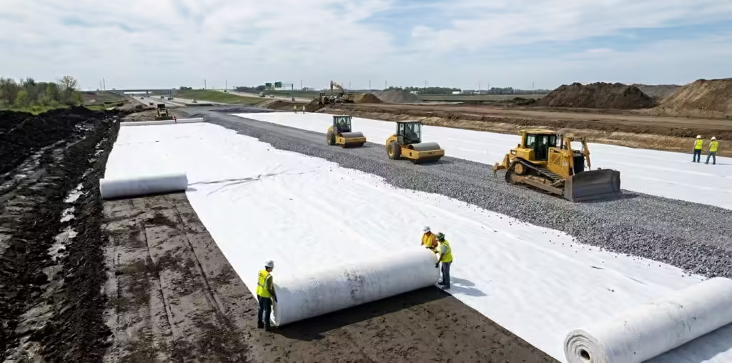 Uma fotografia de engenharia grande angular e sem texto de um grande canteiro de obras de rodovias Os trabalhadores lançam largas folhas de tecido geotêxtil de fibra branca sobre solo argiloso escuro, seguido por uma frota de escavadeiras amarelas espalhando base agregada e compactadores rolando a sub-base.