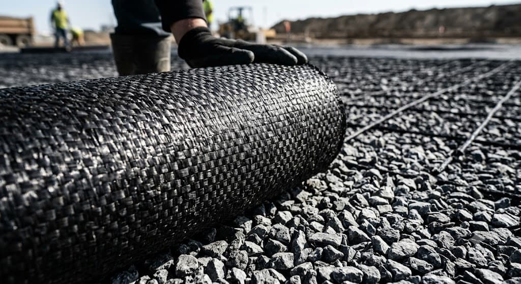Vista macro do geotêxtil de polipropileno tecido resistente sendo instalado sobre uma base de pedra britada Destacando o padrão de trama densa e textura de grau industrial necessária para o reforço da parede MSE.