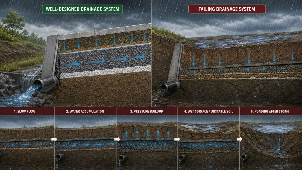 Comparação de um sistema de drenagem bem projetado e um sistema de drenagem com falha mostrando como o cálculo do fluxo deficiente causa acúmulo de água, acúmulo de pressão, solo instável e lagoas após tempestades