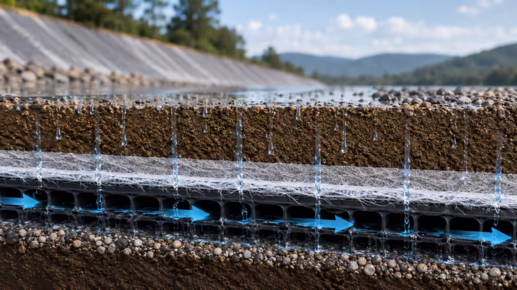Condutividade hidráulica em material de drenagem contínua de filamentos mostrando infiltração de água através do solo e fluxo horizontal através de canais de drenagem