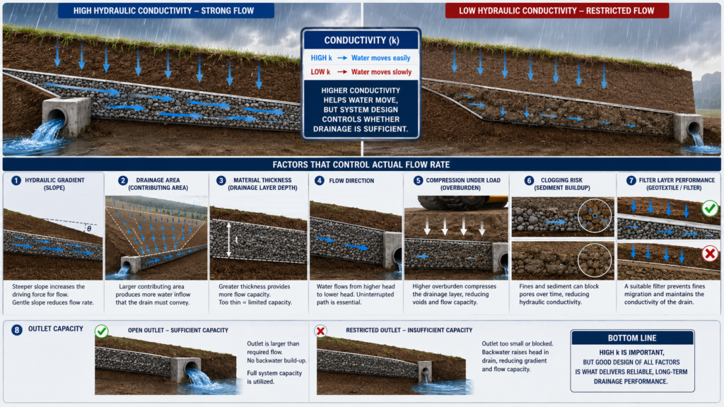 Condutividade hidráulica e diagrama de vazão de água mostrando fluxo de drenagem alto e baixo, gradiente hidráulico, área de drenagem, espessura do material, compressão, risco de entupimento, desempenho da camada de filtro e capacidade de saída