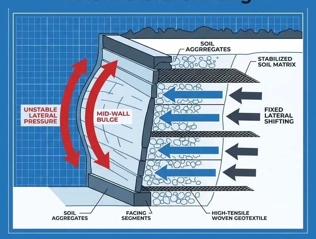 Diagrama técnico de seção transversal mostrando o abaulamento da parede MSE devido à pressão lateral da terra versus estrutura estabilizada usando reforço geotêxtil de parede de retenção de alta resistência.