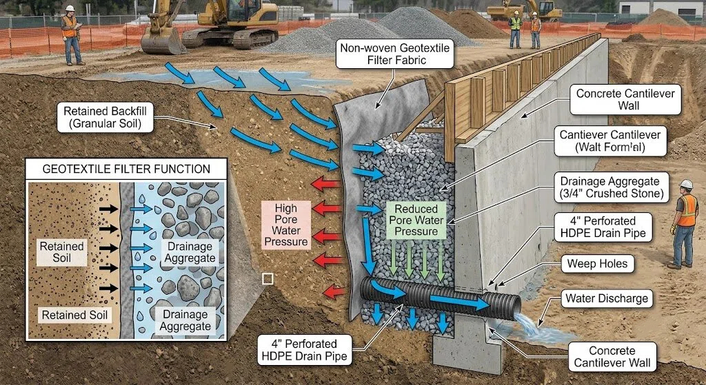 Engenharia Visualização 3 D de um sistema de drenagem de parede de retenção cantilever de concreto, destacando a camada de tecido de filtro geotêxtil não tecido, separação de partículas de solo e redução da pressão da água dos poros com um tubo de drenagem de HDPE perfurado.