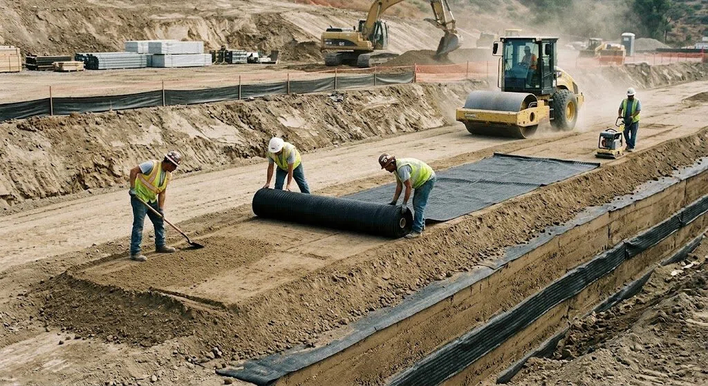 Trabalhadores da construção civil desenrolando camadas de tecido geotêxtil tecido em uma zona de aterro de muro de contenção MSE, com equipamentos de compactação de solo trabalhando no fundo.