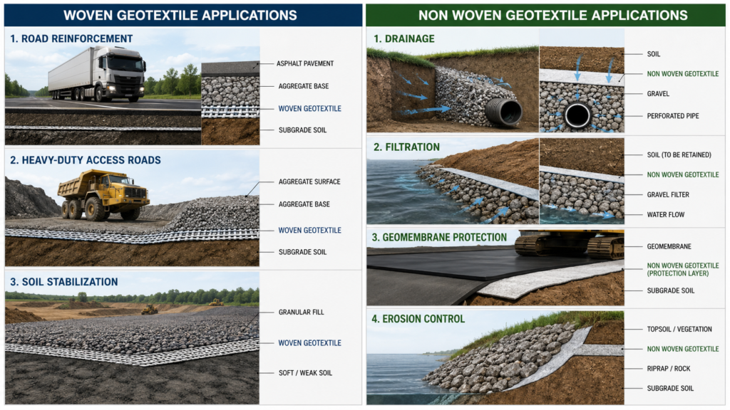 Aplicações geotêxteis tecidas vs não tecidas mostrando reforço de estradas, estradas de acesso, estabilização do solo, drenagem, filtração, proteção de geomembranas e controle de erosão