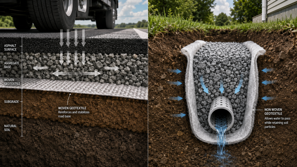 Seção transversal geotêxtil tecida vs não tecida mostrando geotêxtil tecido reforçando uma base de estrada e água de filtragem geotêxtil não tecida em uma vala de drenagem