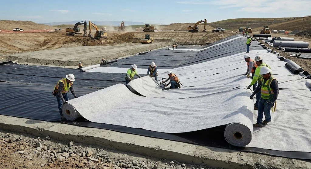 Professional installation of a landfill liner system, showing workers deploying a nonwoven geotextile protection layer over an HDPE geomembrane above compacted subgrade at a large-scale construction site.