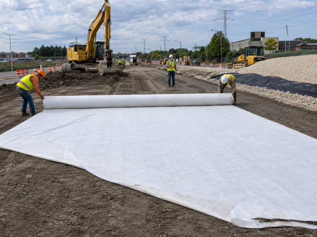 Workers installing white geotextile fabric over weak soil during road construction to improve ground stabilization