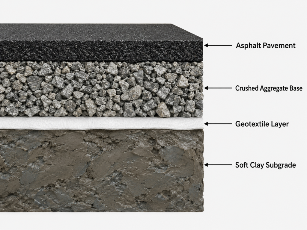 Road construction cross section showing geotextile layer between soft clay subgrade and crushed aggregate base