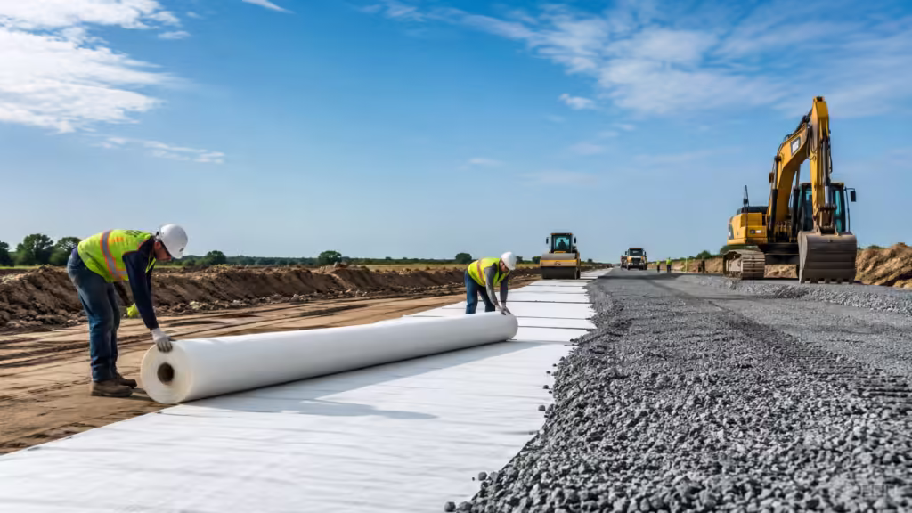 Workers installing geotextile fabric over weak soil during road construction before aggregate placement