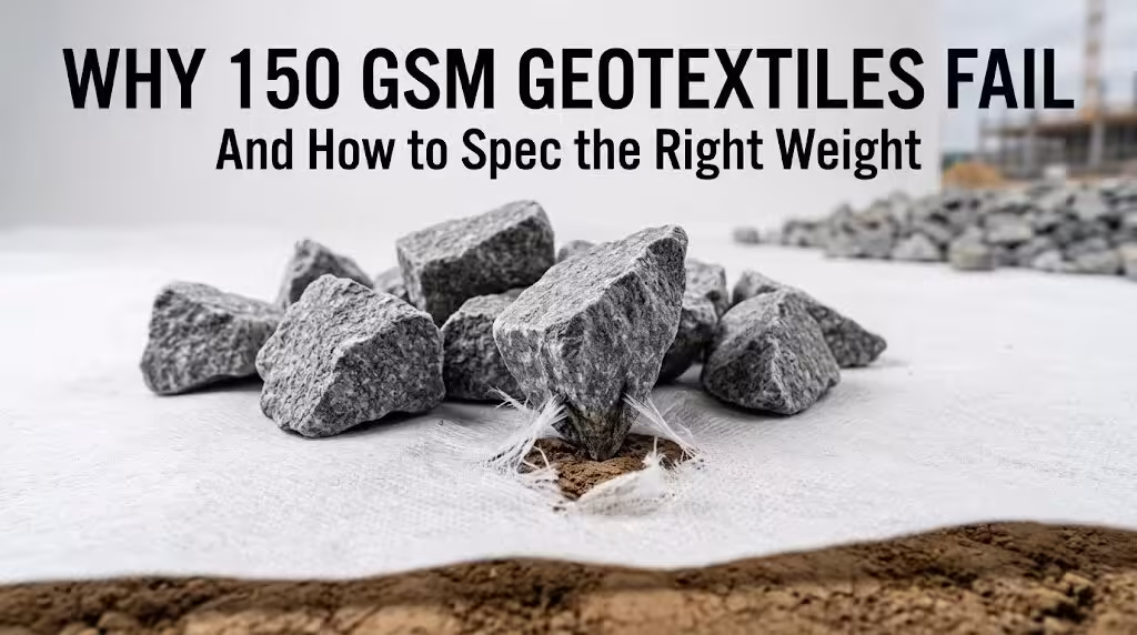 El blog presentó una imagen de portada titulada 'Por qué fallan los geotextiles de 150 GSM y cómo especificar el peso correcto' que muestra piedras de cantera angulares y afiladas perforando una capa de tela geotextil de fibra cortada blanca no tejida, exponiendo el suelo marrón de la subrasante debajo.